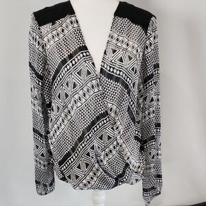 Black and White Wrap Blouse with V-Neckline